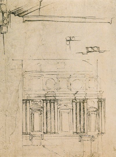 Studie voor de bekleding van de ricetto van de Laurentiaanse Bibliotheek, tekening door Michelangelo door Michelangelo Buonarroti